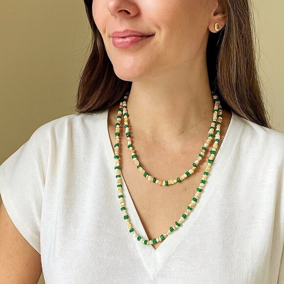 Vintage Jewelry - Vintage Multi Gemstone Necklace – Malachite, Coral & Mother of Pearl Chip Beads